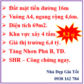 69m2-Đất mặt tiền KD- Tăng Nhơn Phú B-TĐ- Đường 16m-Chỉ 5.2 tỷ.